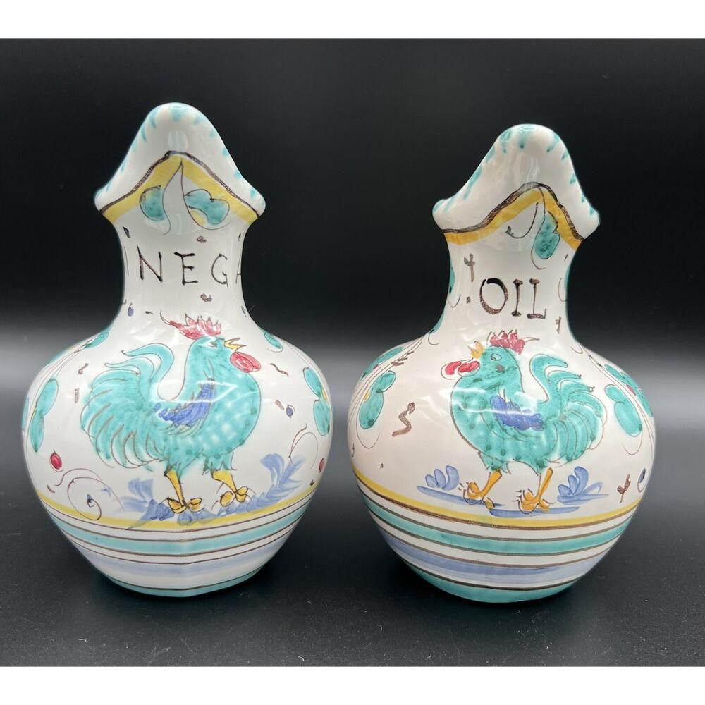 Deruta Italian Pottery Green Rooster Oil & Vinegar Cruets Hand Painted Signed